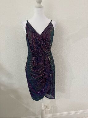 Grace Karin Iridescent Black & Purple Sequin Wrap Mini Dress